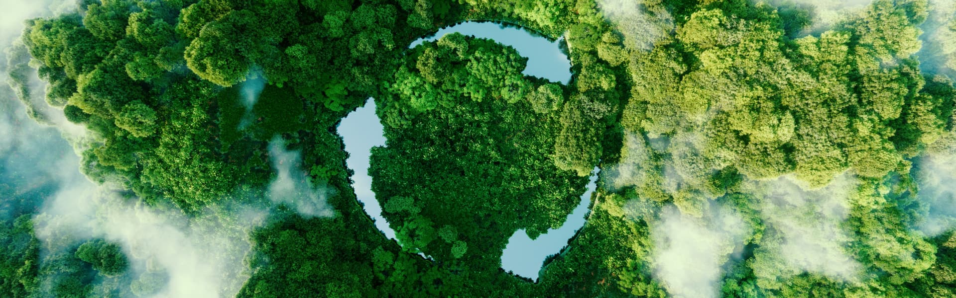 Luftaufnahme eines Waldes in die das Recycling Symbol retuschiert wurde